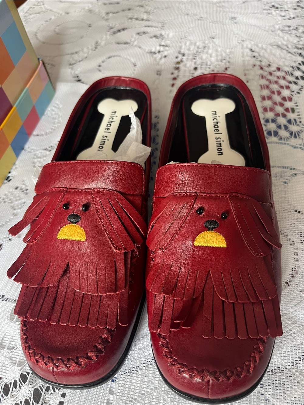 Michael Simon Red Moccasins with Fringe Dog Face